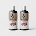 Two bottles of Rejuva Kare Natural Shampoo and Natural Conditioner with floral designs on the labels.