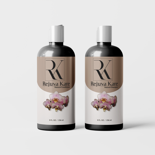 Two bottles of Rejuva Kare Natural Shampoo and Natural Conditioner with floral designs on the labels.