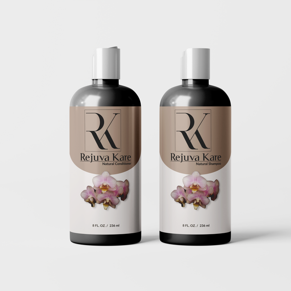 Two bottles of Rejuva Kare Natural Shampoo and Natural Conditioner with floral designs on the labels.