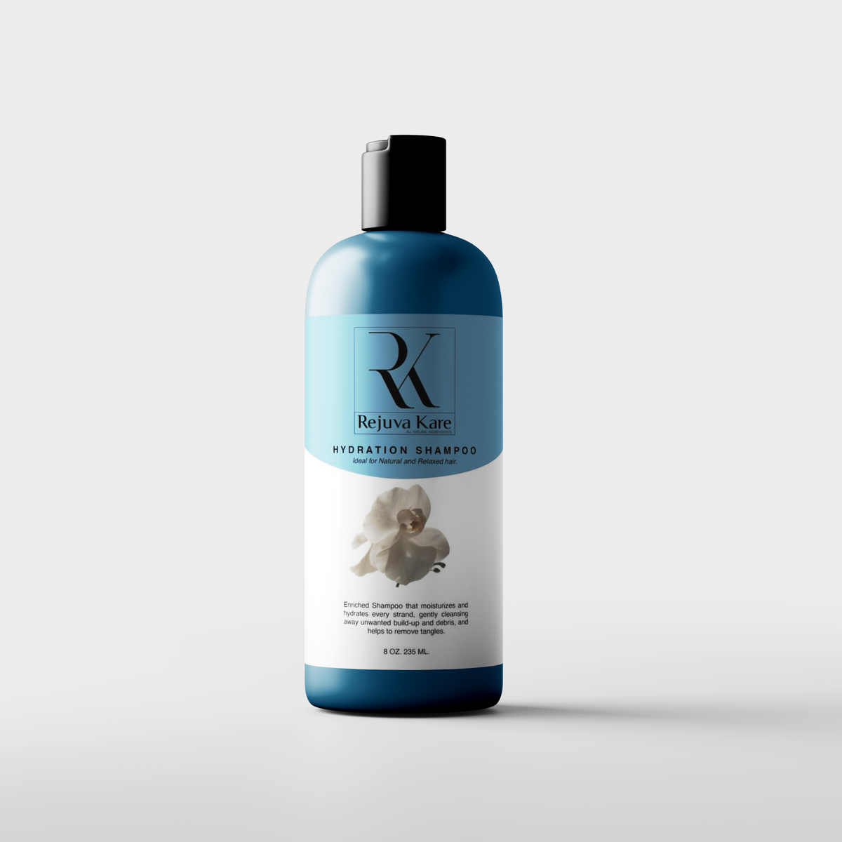 A bottle of Rejuva Kare Hydration Shampoo with a blue label and a white cap, displayed against a white background.