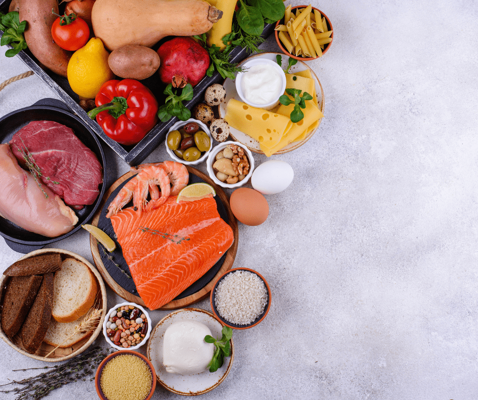 Assortment of food on a white background.