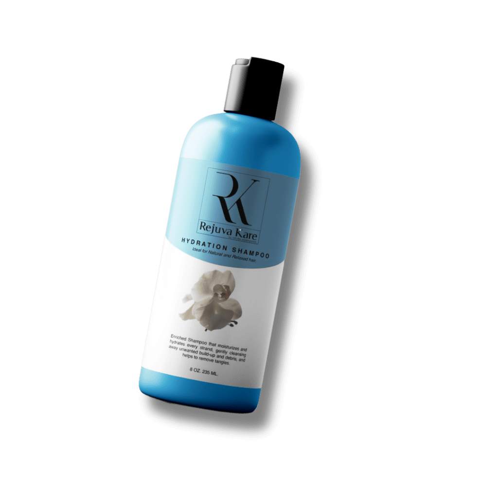 Blue bottle of Rejuva Kare Hydration Shampoo.